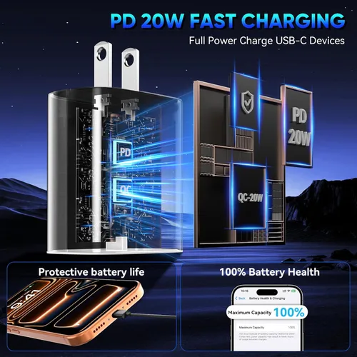 Vista 5 de Cargador para teléfono 17, 16, 15 Pro, carga rápida, 20 W, USB C, bloque de carga rápida con cargadores tipo C de 10 pies de largo, cable de carga