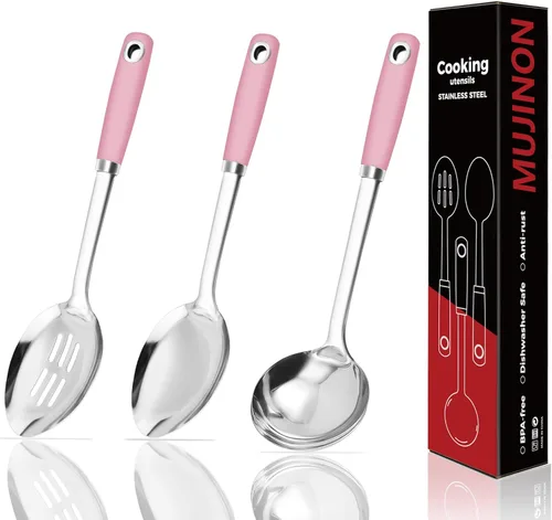 Vista 8 de Juego de cucharas de cocina de 14 pulgadas, juego de cucharas grandes de servir de acero inoxidable 18/0 de alta resistencia, cuchara ranurada