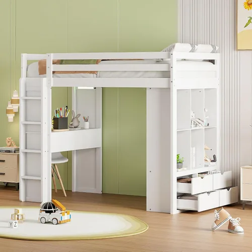 Vista 23 de JIVOIT Twin Size Loft Bed, Esports-Inspired Wooden Gaming Loft Bed with Storage Stairs, Built-in Desk, Shelves & Pegboard, No Box Spring Needed