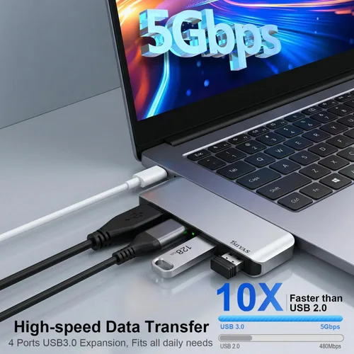 Vista 3 de Hub USB 3.0 del lado izquierdo, divisor USB sin cable de 4 puertos para laptop, diseño de enchufe directo, compatible con MacBook, portátiles