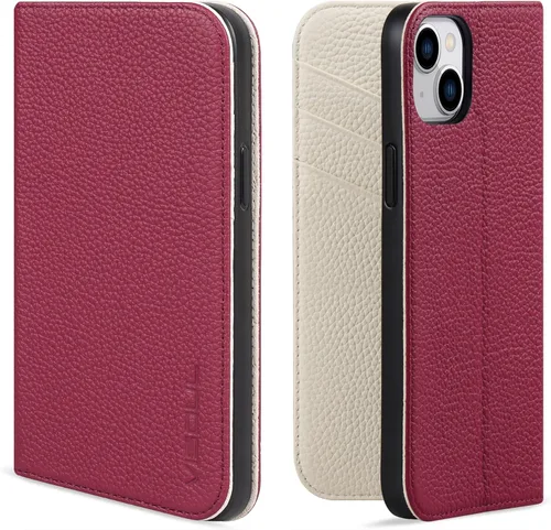 Vista 9 de VISOUL Funda tipo cartera de piel auténtica para iPhone 14, con tapa magnética, con tarjetero y función atril, compatible con iPhone 14