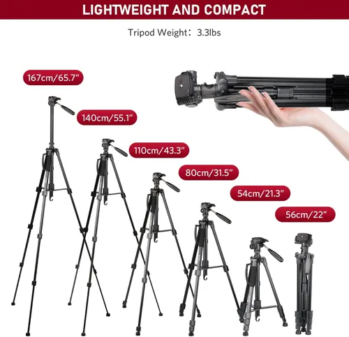 Vista 6 de EVUMO HF3 Trípode horizontal para cámara y iPhone, trípode de cámara elevado de 65 pulgadas y monopod 2 en 1 con control remoto y soporte