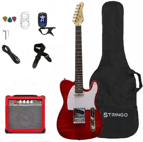 Kit de guitarra eléctrica roja para principiantes de tamaño completo de 39 pulgadas guitarra estilo Tele amplificador de 20 W 3 púas correa de