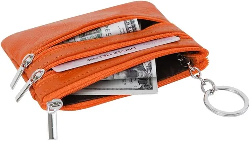 Vista 4 de Monedero de cuero auténtico para mujer, con llavero