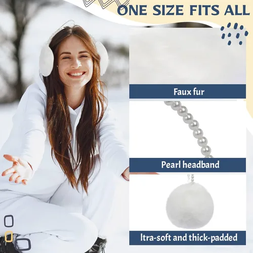 Vista 3 de RONRONS Women Soft Plush Earmuffs Outdoor Warmers with Pearl Headband