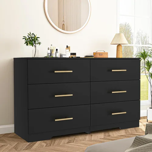 Vista 4 de Cómoda negra para dormitorio con 6 cajones anchos, cómoda de madera con asas doradas, unidad organizadora de almacenamiento para armario, sala