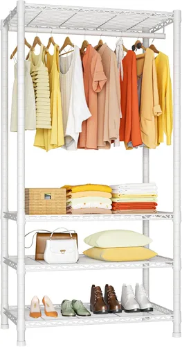 Vista 11 de Ulif H2 - Perchero resistente para ropa de 4 niveles independiente, estante para colgar ropa con estantes y perchas, organizador de clóset y sistema