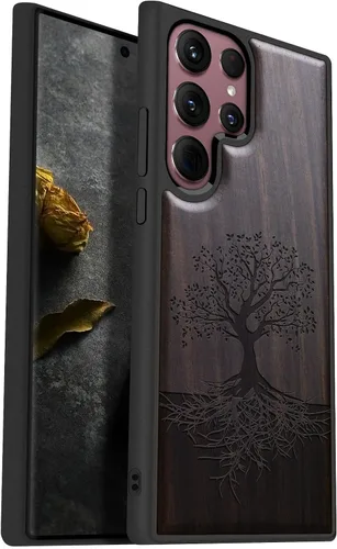 Carveit Funda de madera para Galaxy S22 Ultra [madera real dura y TPU suave] a prueba de golpes, diseño de madera único y elegante, compatible con