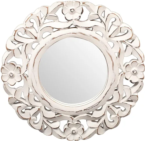 Vista 5 de The Wooden Town Espejo de pared redondo blanco de 10 pulgadas, magnífico espejo rústico de decoración de granja, espejo de entrada de color madera