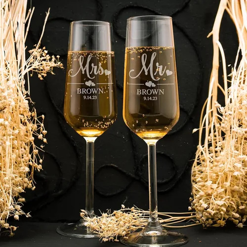 Vista 5 de Copas de champán personalizadas para novia y novio, juego de 2, 9 diseños, copas de champán para compromiso con apellido y fecha, copas de champán