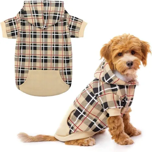 Vista 14 de EXPAWLORER Sudadera con capucha para perro a cuadros, estilo británico, suéter cálido para perro con agujero para correa, ropa de pitbull, ropa