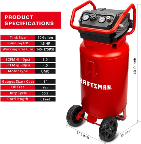Vista 4 de CRAFTSMAN Milton - Compresor de aire, 20 galones, 1.8 HP, rojo y ColorFit por Milton Coupler & Plug Kit - (M-Estilo, Rojo) - 1/4" NPT, (14 piezas)