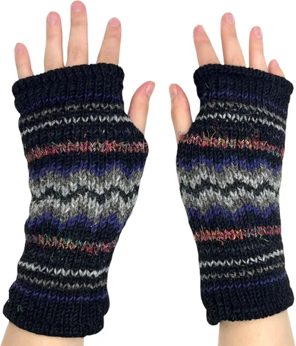 Ella Sussman Guantes tejidos a mano sin dedos de invierno con rayas para usar pantalla táctil, forro interior de lana de lana suave y cálida Gris