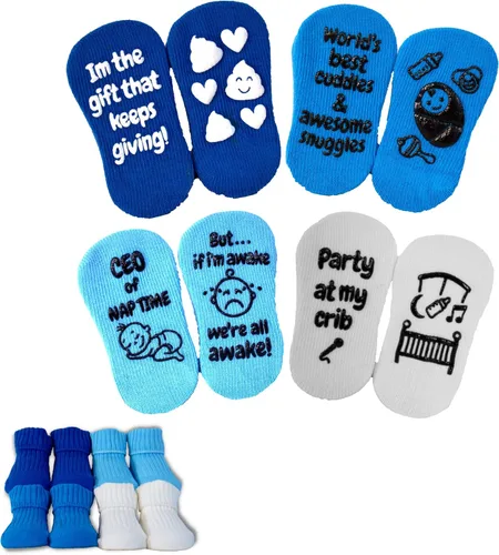 Newborn Baby Socks Gift Set - 4 Soft Pairs - Comfortable - Unique - Funny - Perfect for Baby Showers - Sized 0-6 Months