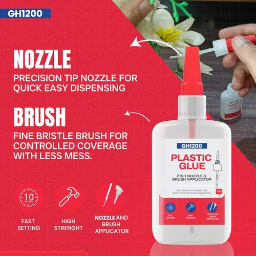 Vista 2 de GH1200 (2-en-1) Súper Pegamento para Plástico con Aplicador de Cepillo y Boquilla - Pegamento para Plástico de Secado Rápido de Alta Resistencia
