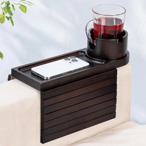 Vista 11 de Soporte de taza para sofá para reposabrazos de más de 4.9 pulgadas de ancho, bandeja de brazo de sofá de madera de acacia con soporte de taza