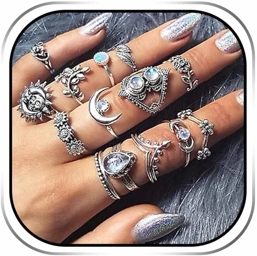 Juego de anillos vintage tallados para nudillos, anillos apilables de piedras preciosas de cristal, juego de anillos de dedo medio para mujer Estilo