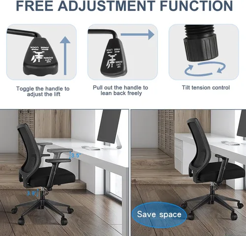 Vista 6 de Silla ergonómica de oficina, silla de escritorio de malla para el hogar con brazos ajustables, sillas de computadora con respaldo medio