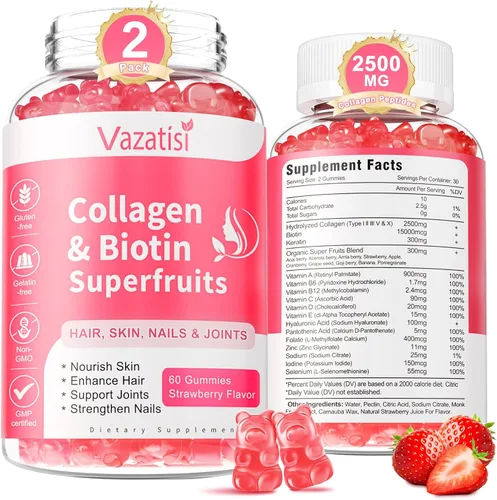 Vista 8 de Gomitas de colágeno sin azúcar para mujeres y hombres, gomitas de péptidos de colágeno múltiple tipo I II III V X con biotina, vitamina A B C D E