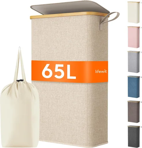 Vista 9 de Lifewit Cesta de lavandería delgada de 50 litros con tapa, cesta estrecha para la ropa sucia con bolsa extraíble y asas de bambú, canasta plegable