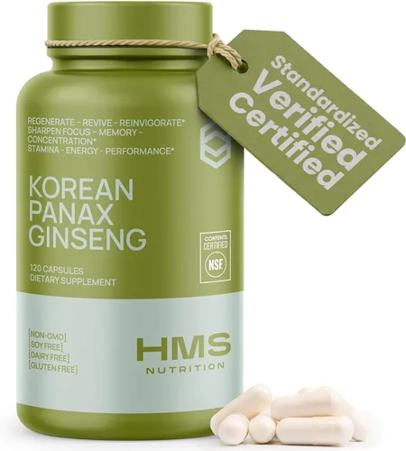 HMS Nutrition Suplemento de Panax Ginseng rojo coreano de 2000 mg, 120 cápsulas veganas, ginsenósidos de máxima fuerza, extracto certificado por la