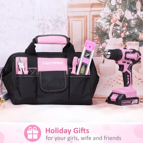 Vista 2 de FASTPRO 232 piezas 20 V Rosa inalámbrico Taladro de iones de litio y juego de herramientas para el hogar, kit de herramientas de reparación