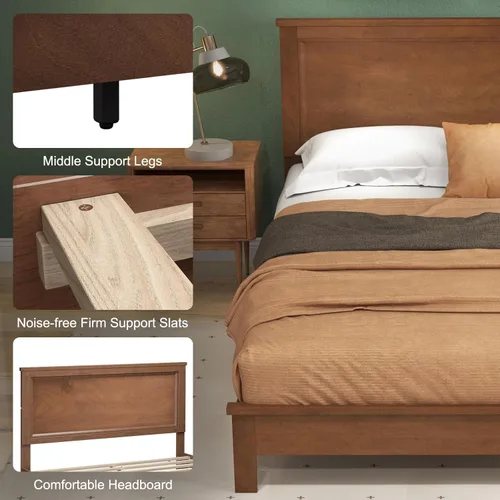 Vista 6 de Giantex Base de cama de plataforma de madera tamaño Queen con cabecero de nogal, marco de cama de mediados de siglo con patas de madera maciza