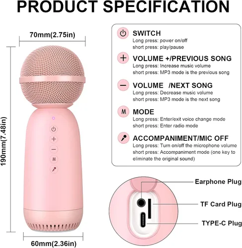 Vista 6 de Aokeo Micrófonos inalámbricos, altavoz Bluetooth, micrófono de karaoke inalámbrico para niños para cantar, micrófono portátil para máquina