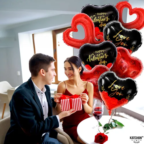 Vista 8 de KatchOn, Globos en forma de corazón negro y rojo XL, paquete de 1012 Pétalos de rosa roja para noches románticas, decoraciones románticas