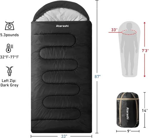 Vista 2 de Atarashi - Saco de dormir de camping para 4 estaciones para adultos, ligero, cálido, extragrande con saco de compresión - Ideal para senderismo
