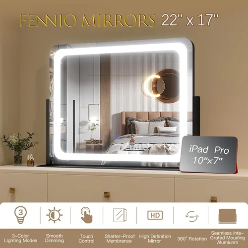 Vista 6 de FENNIO - Espejo de tocador con luces, espejo de maquillaje iluminado LED, pantalla táctil con 3 modos de iluminación, regulable, para mesa