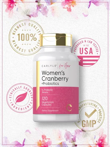 Vista 6 de Carlyle Probióticos Cranberry Plus para mujer 120 cápsulas con 14 cepas probióticas Vegetariano, sin OMG, suplemento sin gluten para ella