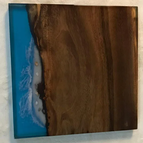 Vista 93 de Mesa de epoxi transparente, mesa de sofá con forma cuadrada, mesa auxiliar de resina de madera, mesa de centro de madera con borde natural para sala