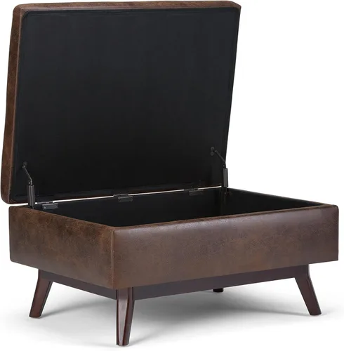 Vista 3 de SIMPLIHOME Owen Coffee Table Storage Ottoman - 34 inch Wide Upholstered Vegan Leather Rectangular Lift-Top Ottoman in Distressed Chestnut Brown