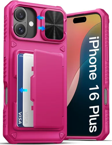 Vista 78 de ATATOO Funda para iPhone 16, tarjetero integrado (almacena 3-5 tarjetas) y protector de cámara deslizante, protección de grado militar, bonita funda