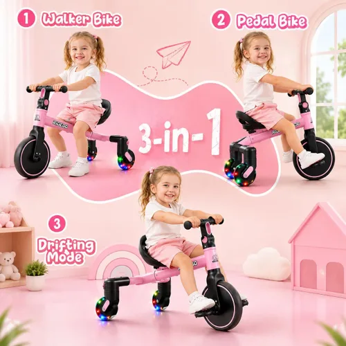 Vista 2 de Ridego Triciclo 3 en 1 para niños de 2 a 5 años, modos de caminante, pedal Rosa