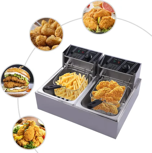 Vista 3 de Freidoras eléctricas de aceite de encimera de 6.3+6.3 cuartos de galón, freidora comercial de 2500 W, freidora con 2 cestas extraíbles y limitador