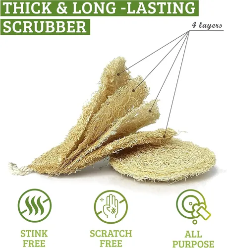 Vista 3 de Esponja natural para platos de lufa, paquete de 3 fregadores de verduras para cocina, 100% biodegradable, compostable, almohadilla para fregar, cero