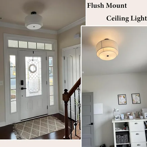 Vista 6 de FRIDEKO HOME Lámpara de techo semiempotrada de 3 luces, moderna, cerca del techo, con 2 capas de tela, para dormitorio, sala de estar, cocina