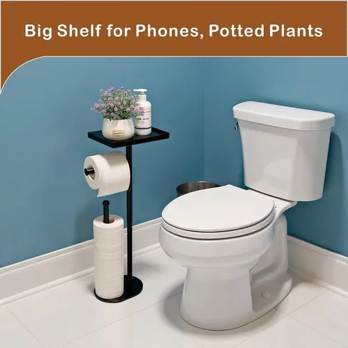 Vista 2 de Soporte de papel higiénico independiente con estante para teléfono, capacidad para 5 rollos de papel, soporte para rollo de papel de seda negro