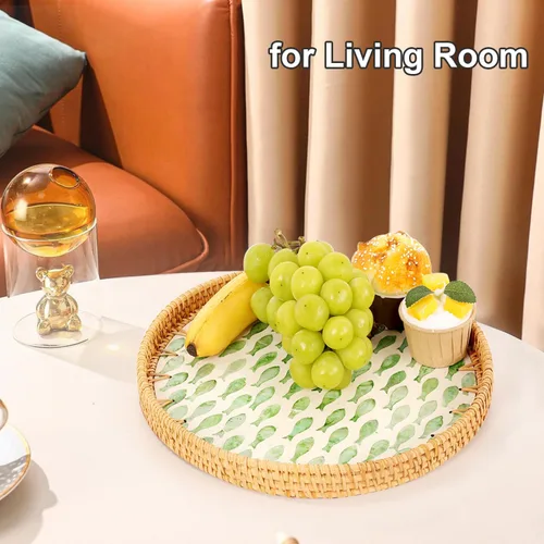Vista 8 de Bandeja redonda de ratán con incrustaciones de nácar, bandeja de ratán para café, pan, frutas, bandeja decorativa de mimbre para decoración de mesa