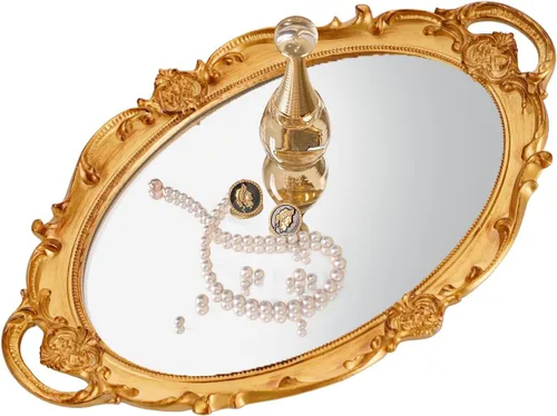 XPXKJ Bandeja de Espejo Dorada Vintage Bandeja de Tocador para Cómoda Almacenamiento de Perfumes Bandeja Decorativa de Vidrio con Espejo Decoración