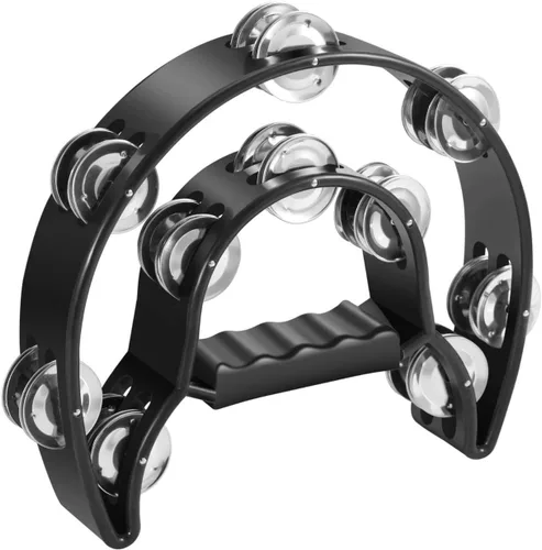 ​Pandereta doble fila en media luna Flexzion, sonajas metálicas, agarre ergonómico, tambor de percusión multicolor, para hacer regalos, fiestas,
