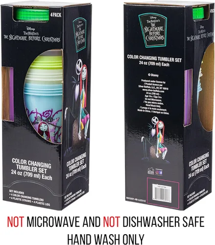 Vista 150 de Silver Buffalo Disney Nightmare Before Christmas Character Grid - Paquete de 4 vasos de plástico que cambian de color, 24 onzas