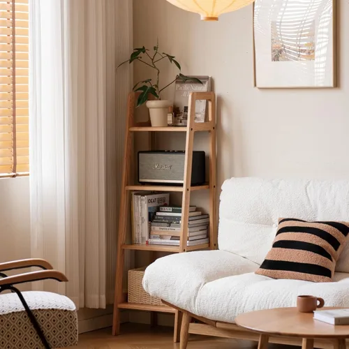 Vista 20 de Estantería de escalera de 3 niveles 100% roble macizo, estantería pequeña, estantería de escalera, estantería con marco estable, mesa pequeña