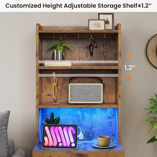 Vista 6 de VIAGDO Juego de 2 mesitas de noche altas con estación de carga y luces LED, juego de 2 mesitas de noche marrón rústico con estantería, mesas