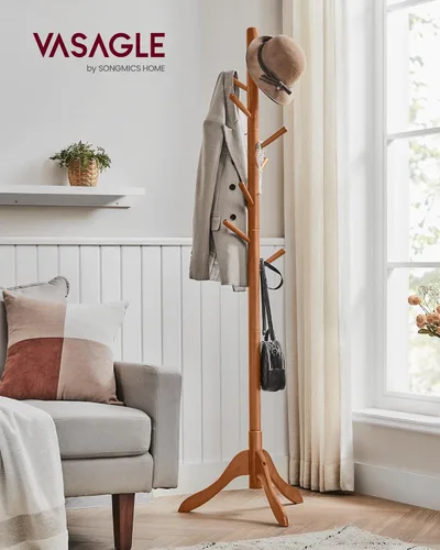 Vista 2 de VASAGLE Perchero de Madera Maciza Independiente, Perchero Independiente en Forma de Árbol con 8 Ganchos, 3 Opciones de Altura, para Ropa, Sombreros