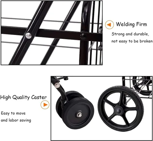 Vista 2 de Nightcore Carrito de compras plegable, carrito grande de comestibles con ruedas giratorias dobles y cestas de almacenamiento dobles, carrito ligero