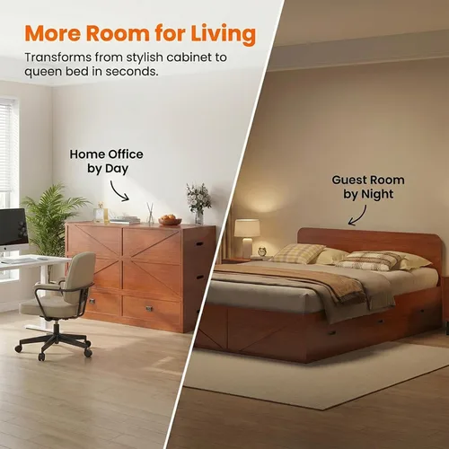 Vista 7 de ijuicy Cama Matrimonial Murphy 4 en 1 con colchón incluido y cajones extragrandes, cama multifuncional que se convierte en sofá para espacios