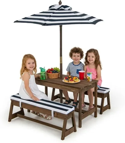 Costzon Mesa de Picnic para Niños, Juego de Mesa y Silla de Madera para Niños Pequeños con Cojines, Sombrilla de Altura Ajustable, Mesa de